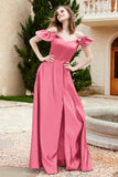 Off the Shoulder Satin Bridesmaid Dress with Pockets Formal Evening Prom Dresses with Slit