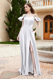 Off the Shoulder Satin Bridesmaid Dress with Pockets Formal Evening Prom Dresses with Slit