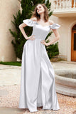 Off the Shoulder Satin Bridesmaid Dress with Pockets Formal Evening Prom Dresses with Slit