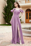Off the Shoulder Satin Bridesmaid Dress with Pockets Formal Evening Prom Dresses with Slit