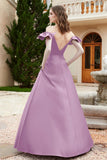 Off the Shoulder Satin Bridesmaid Dress with Pockets Formal Evening Prom Dresses with Slit