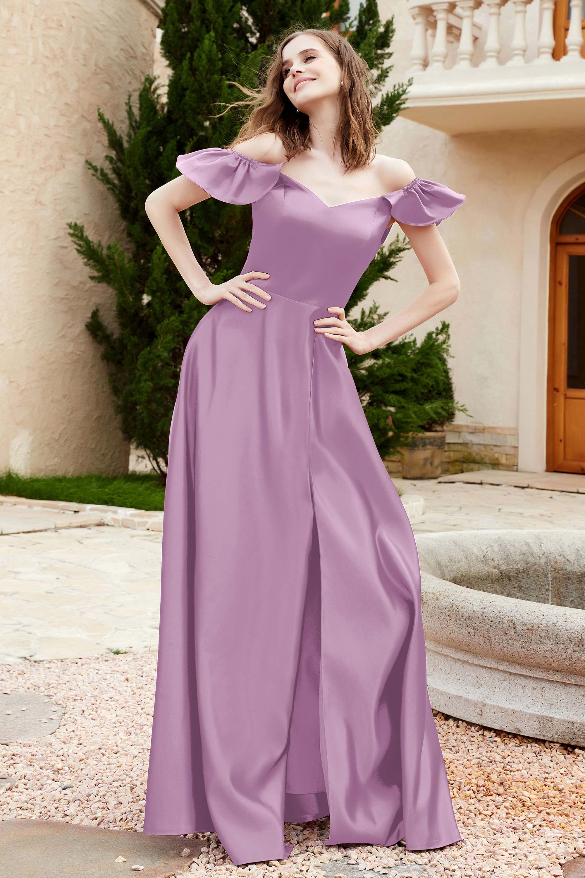 Off the Shoulder Satin Bridesmaid Dress with Pockets Formal Evening Prom Dresses with Slit