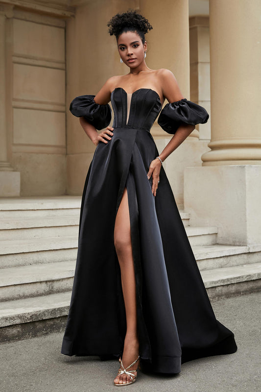 Stylish Sweetheart A-Line Satin Sweep Train Formal Evening Dress With Slit Prom Party Gowns