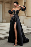 Stylish Sweetheart A-Line Satin Sweep Train Formal Evening Dress With Slit Prom Party Gowns