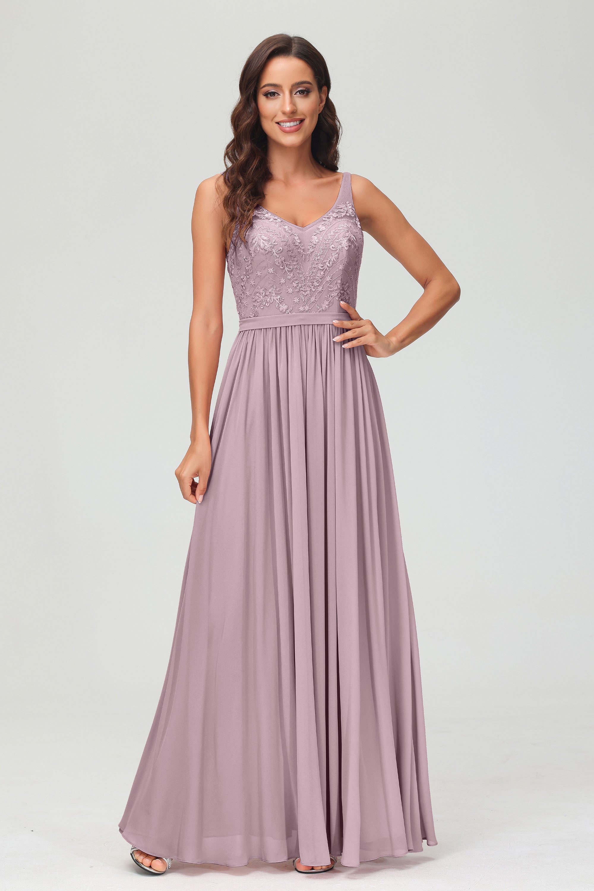 V Neck Chiffon Lace Bridesmaid Dress Formal Evening Dresses Gowns Ruffles Sleeveless