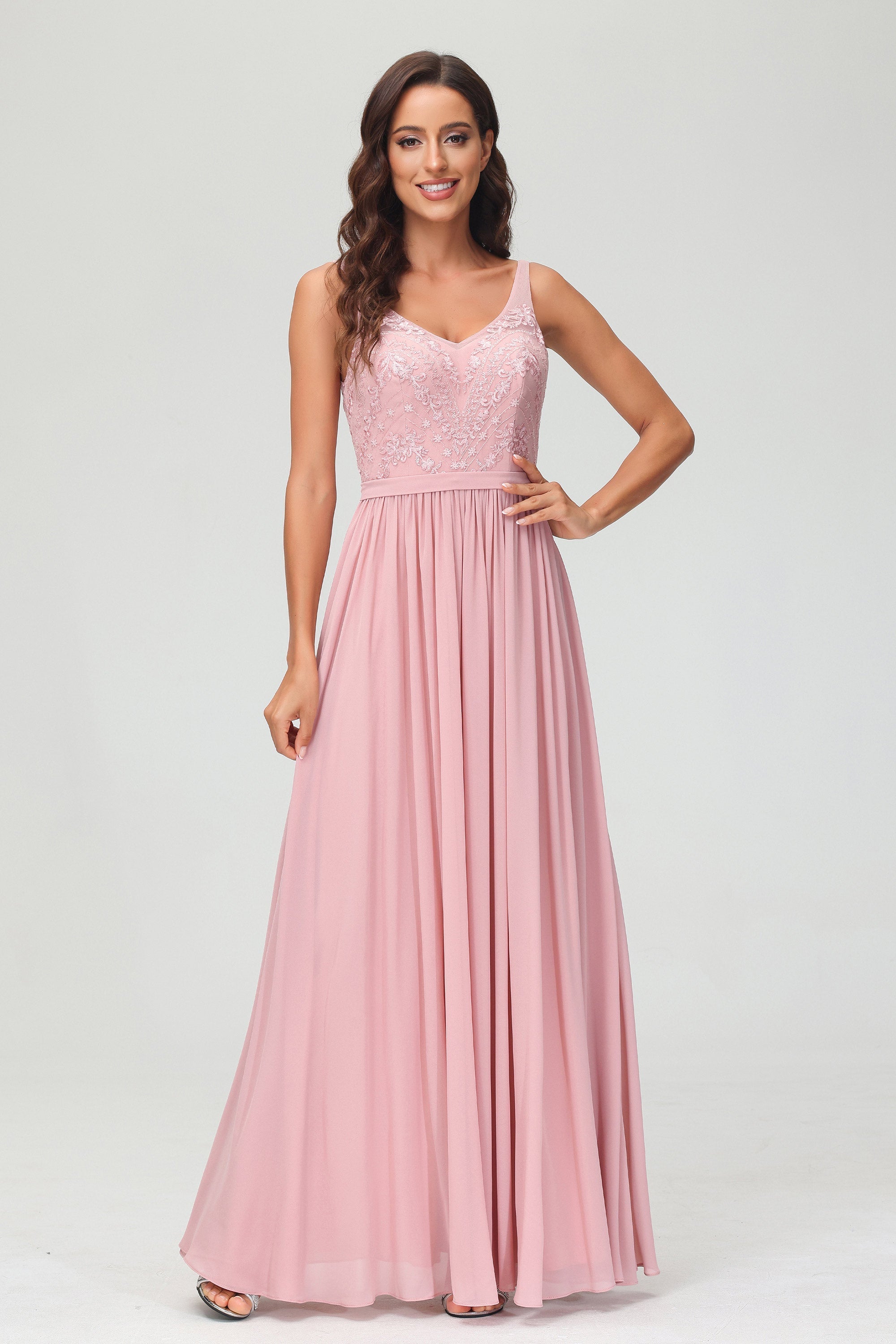 V Neck Chiffon Lace Bridesmaid Dress Formal Evening Dresses Gowns Ruffles Sleeveless