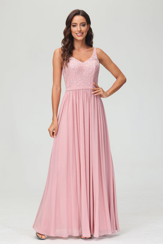 V Neck Chiffon Lace Bridesmaid Dress Formal Evening Dresses Gowns Ruffles Sleeveless