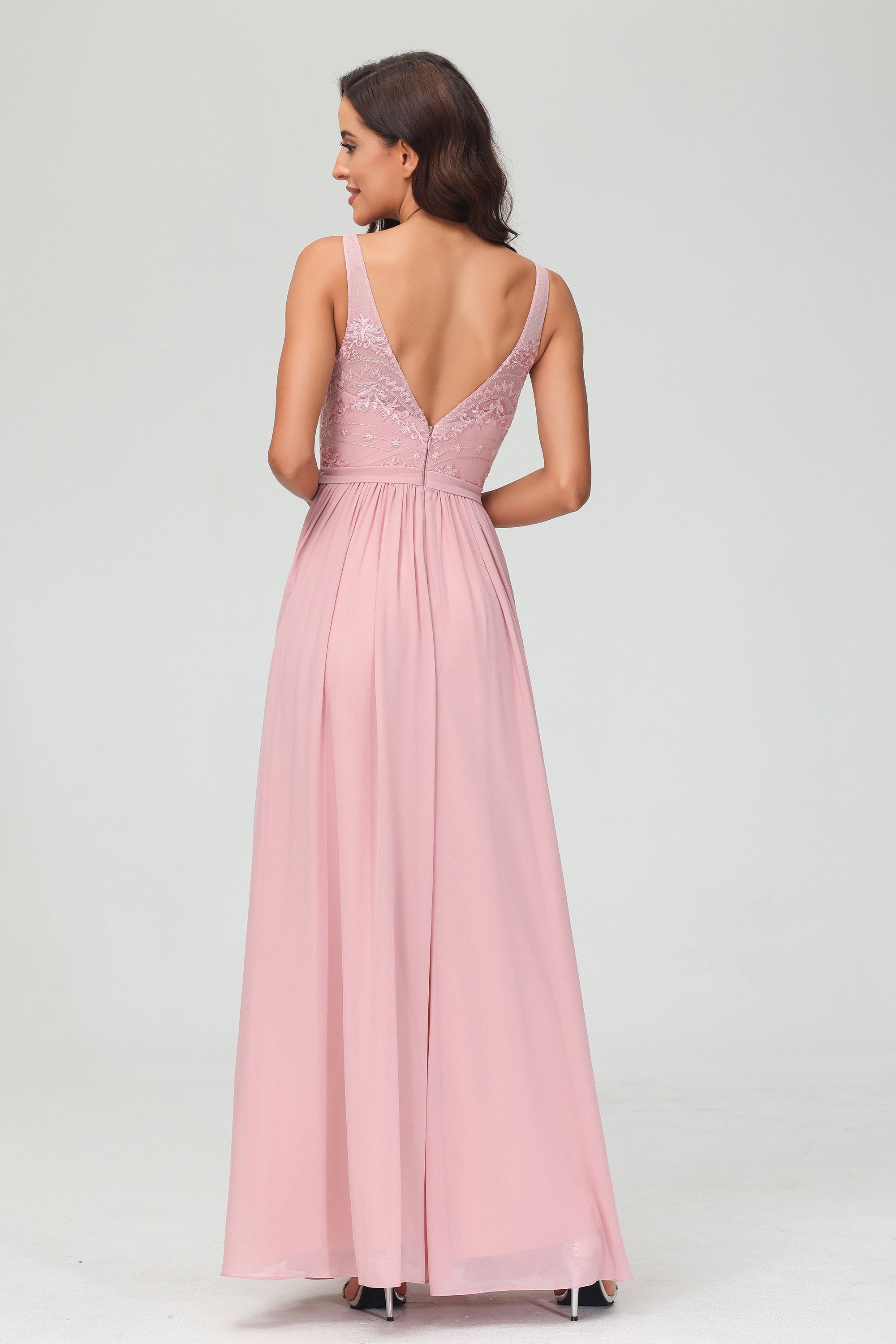 V Neck Chiffon Lace Bridesmaid Dress Formal Evening Dresses Gowns Ruffles Sleeveless