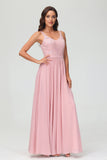 V Neck Chiffon Lace Bridesmaid Dress Formal Evening Dresses Gowns Ruffles Sleeveless