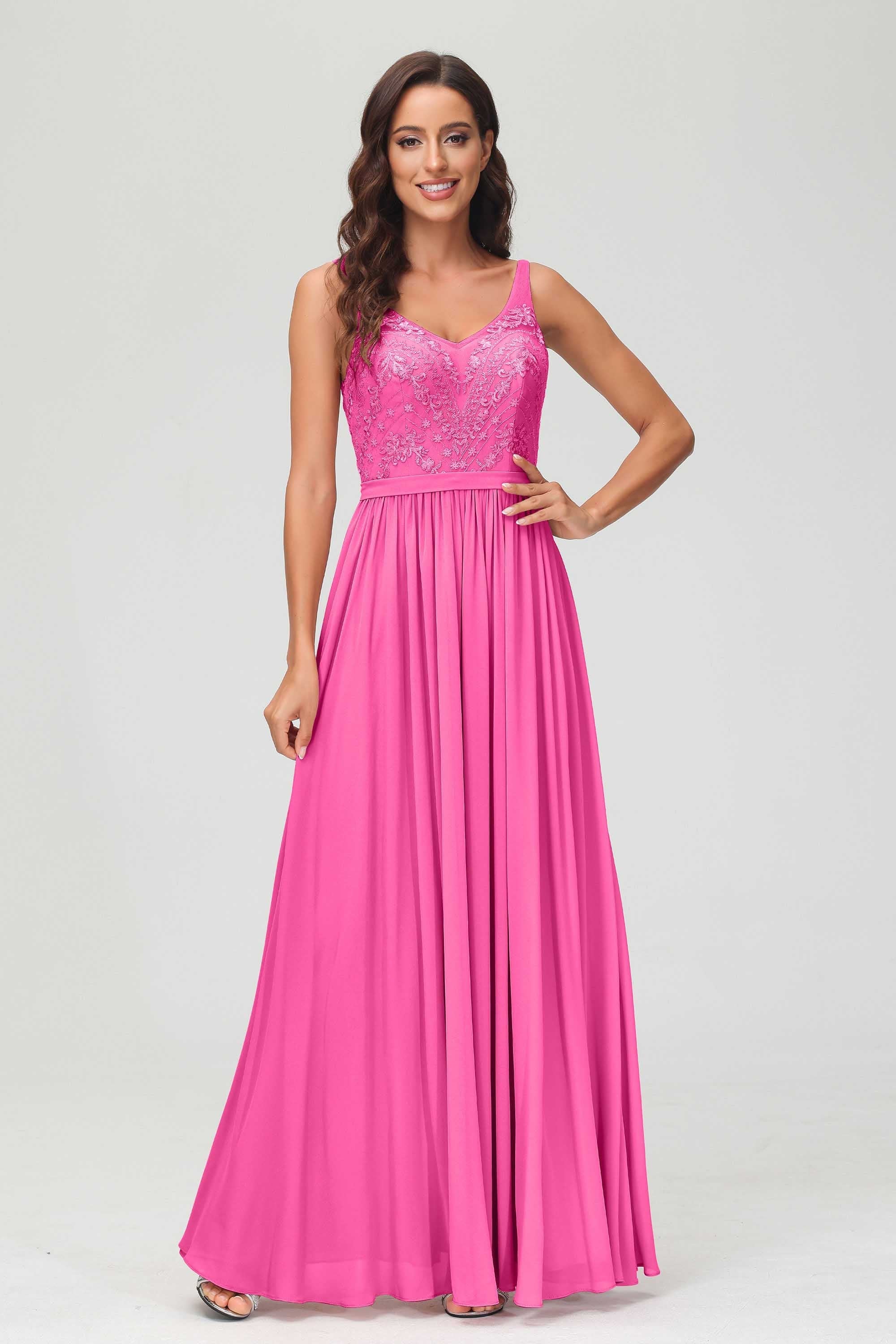 V Neck Chiffon Lace Bridesmaid Dress Formal Evening Dresses Gowns Ruffles Sleeveless