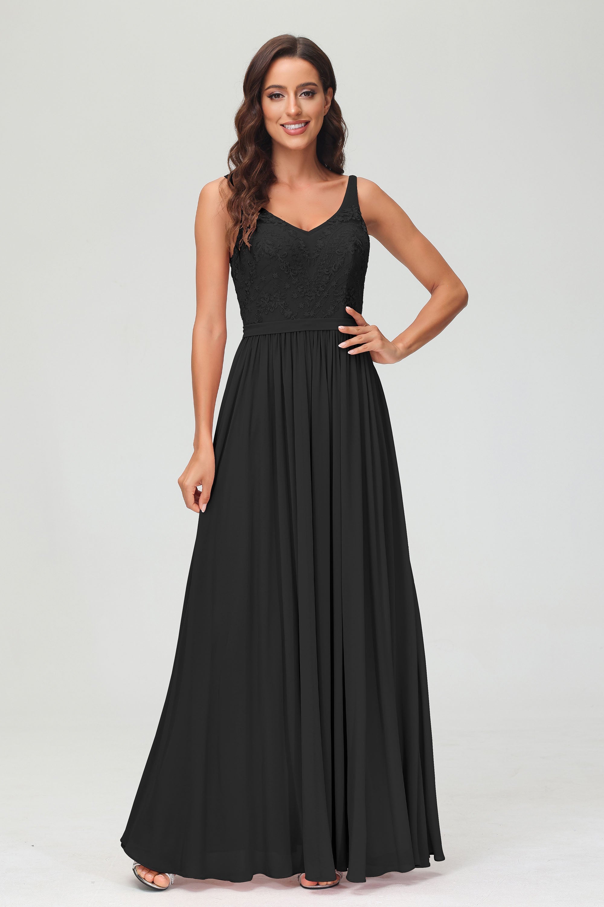 V Neck Chiffon Lace Bridesmaid Dress Formal Evening Dresses Gowns Ruffles Sleeveless