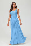 V Neck Chiffon Lace Bridesmaid Dress Formal Evening Dresses Gowns Ruffles Sleeveless