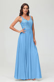 V Neck Chiffon Lace Bridesmaid Dress Formal Evening Dresses Gowns Ruffles Sleeveless
