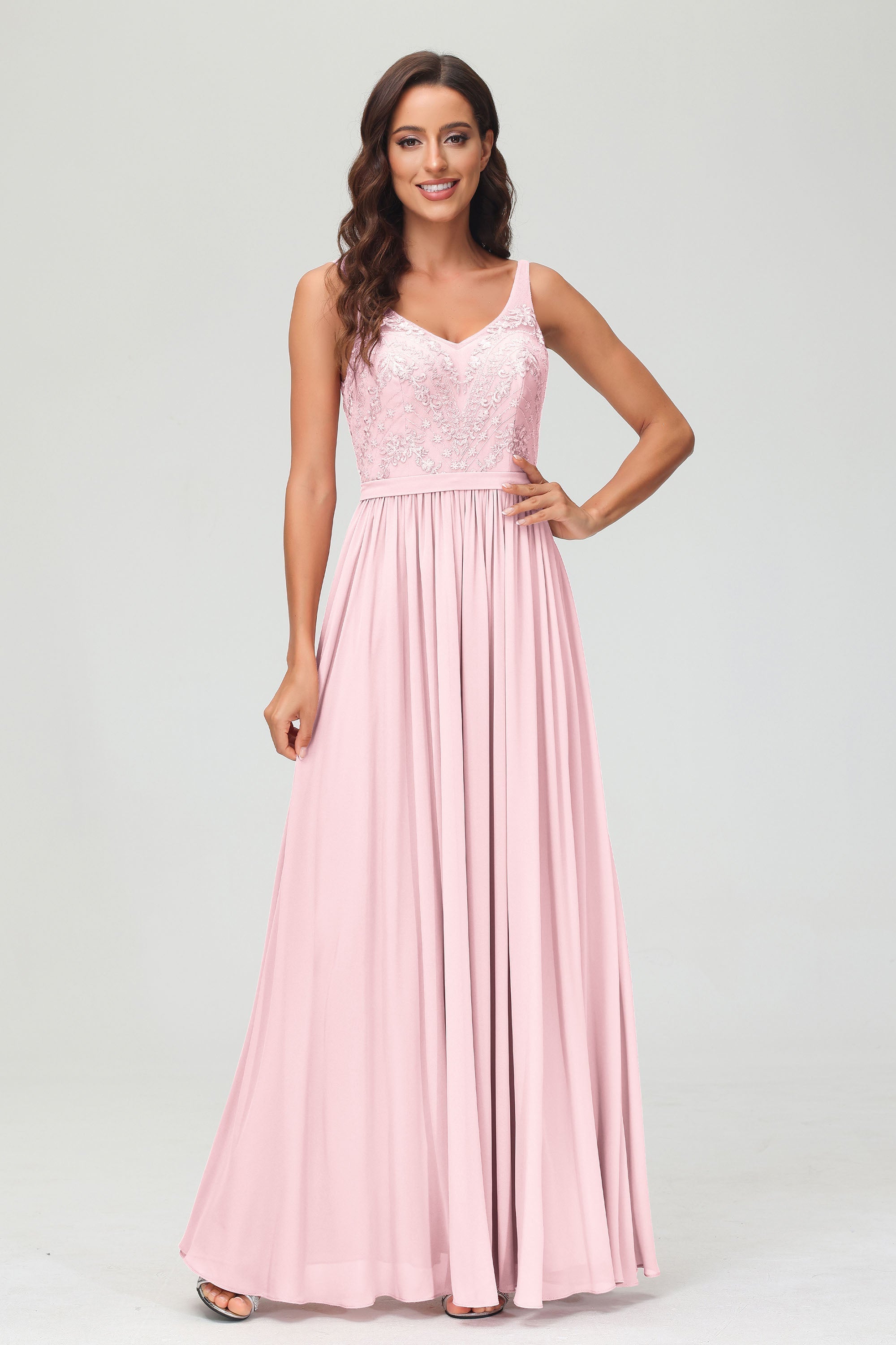 V Neck Chiffon Lace Bridesmaid Dress Formal Evening Dresses Gowns Ruffles Sleeveless