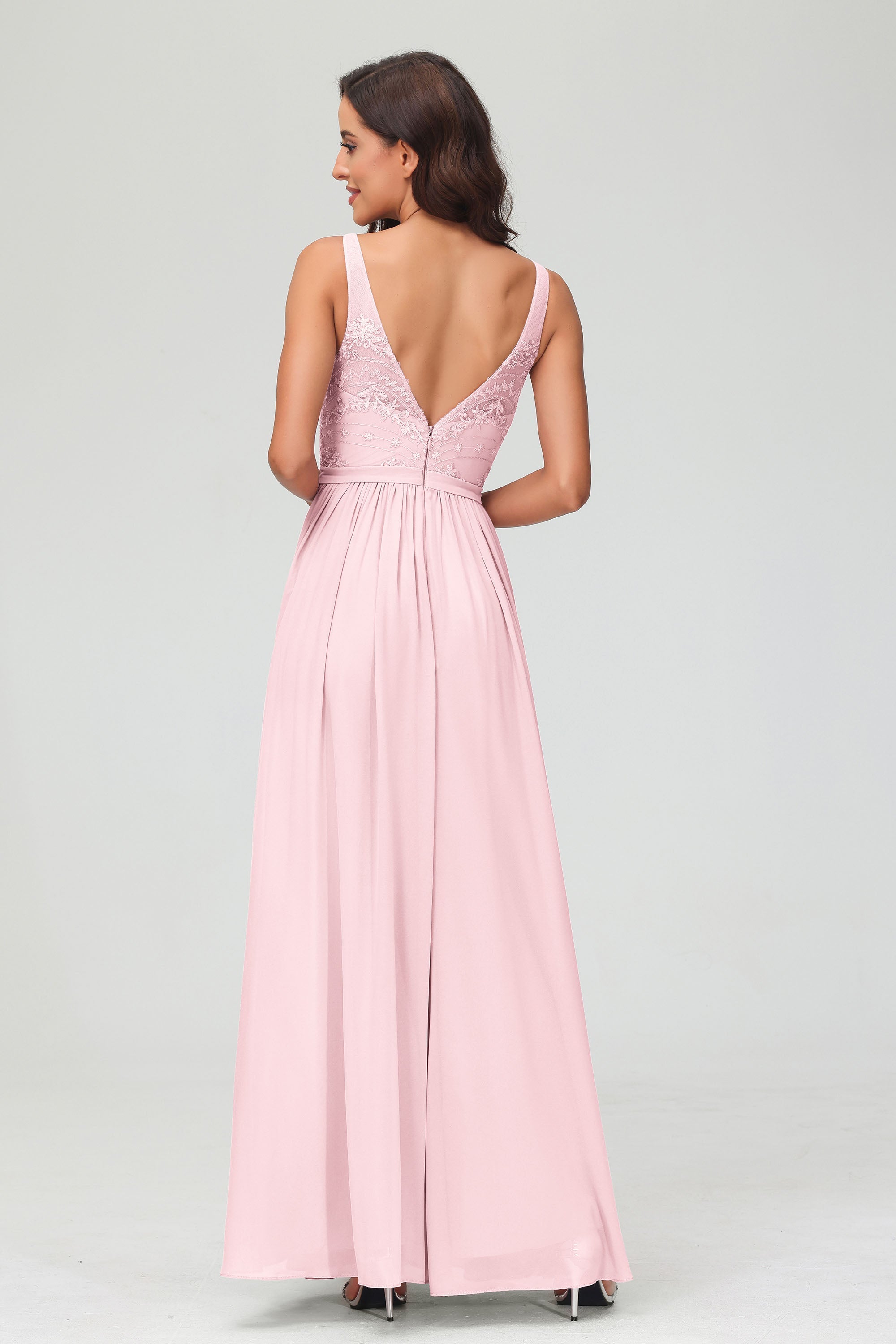 V Neck Chiffon Lace Bridesmaid Dress Formal Evening Dresses Gowns Ruffles Sleeveless