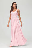 V Neck Chiffon Lace Bridesmaid Dress Formal Evening Dresses Gowns Ruffles Sleeveless