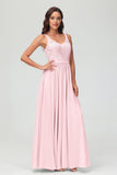 V Neck Chiffon Lace Bridesmaid Dress Formal Evening Dresses Gowns Ruffles Sleeveless