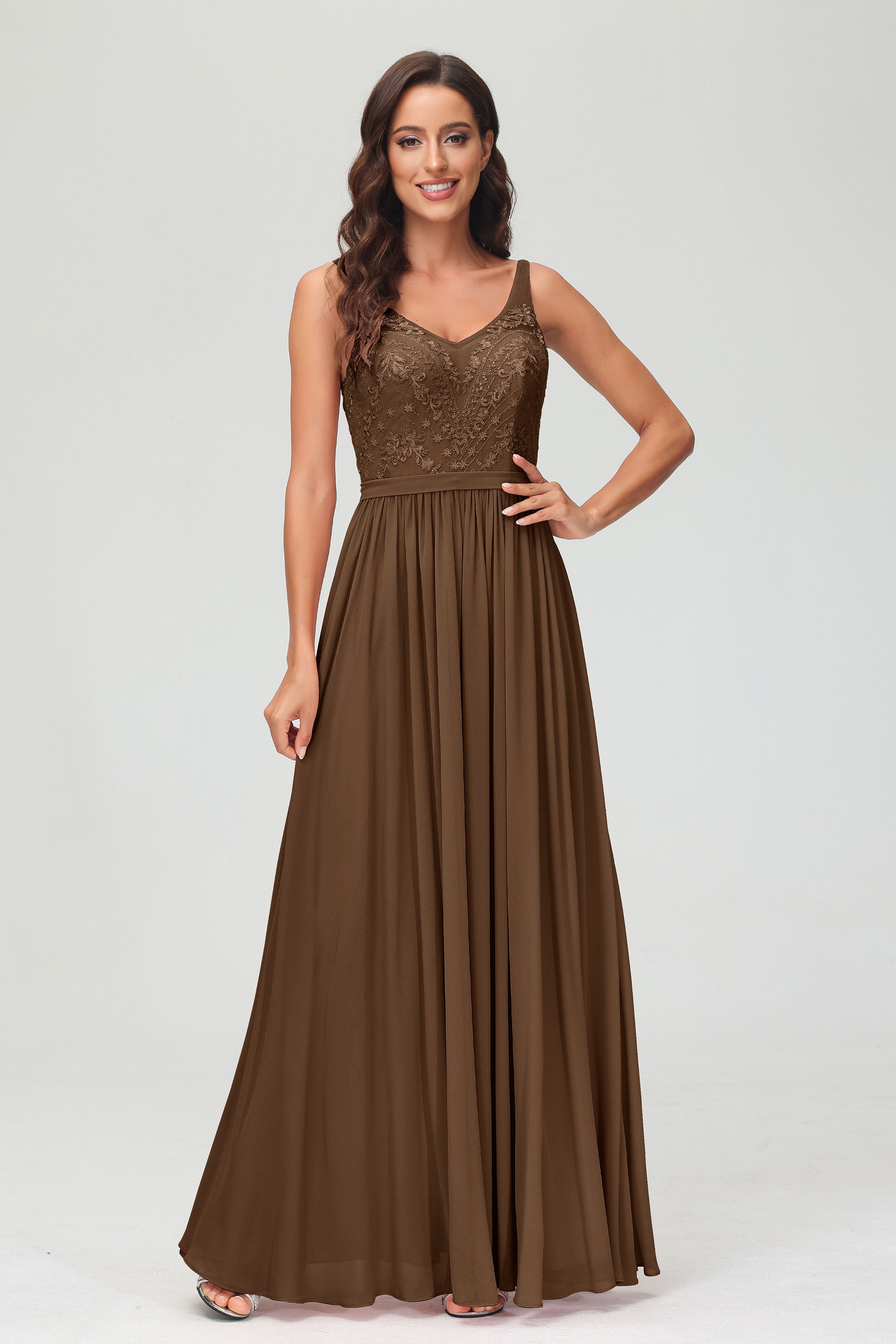 V Neck Chiffon Lace Bridesmaid Dress Formal Evening Dresses Gowns Ruffles Sleeveless