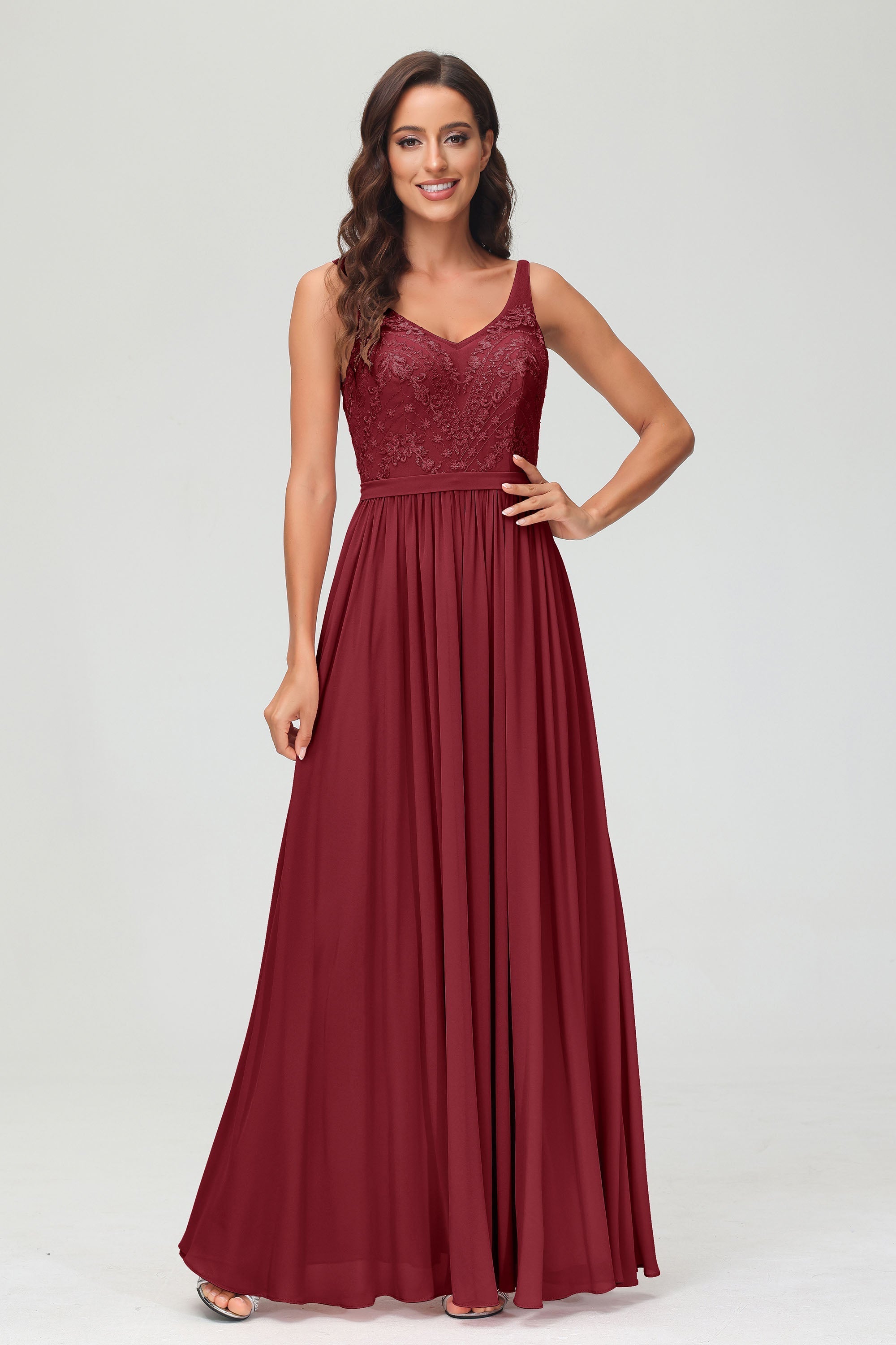 V Neck Chiffon Lace Bridesmaid Dress Formal Evening Dresses Gowns Ruffles Sleeveless