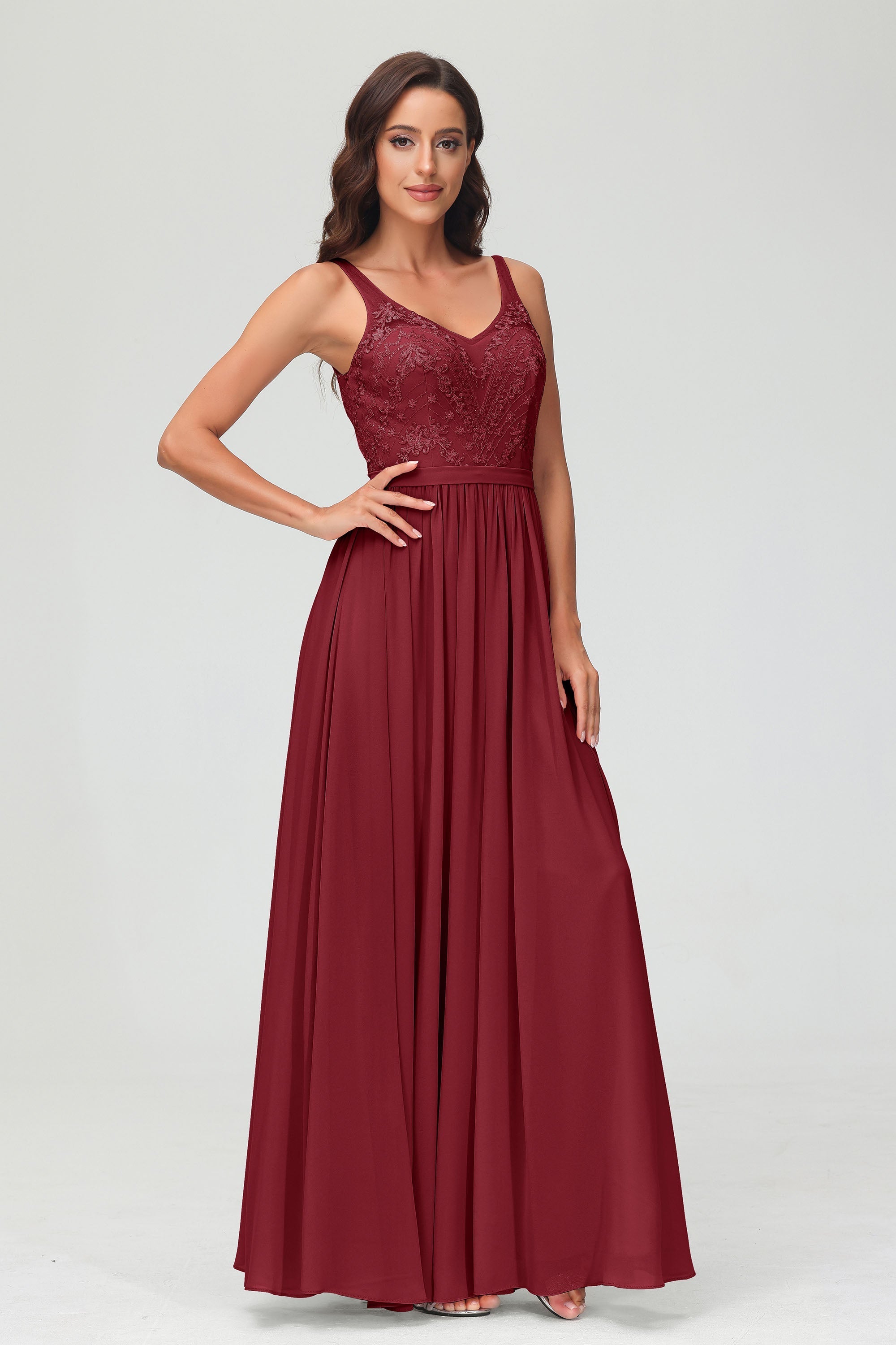 V Neck Chiffon Lace Bridesmaid Dress Formal Evening Dresses Gowns Ruffles Sleeveless