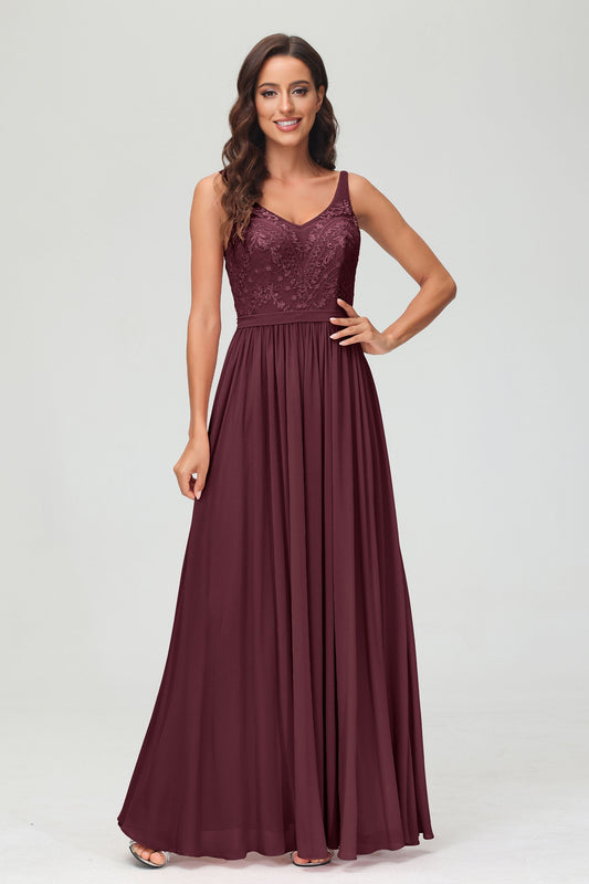 V Neck Chiffon Lace Bridesmaid Dress Formal Evening Dresses Gowns Ruffles Sleeveless