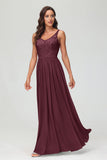 V Neck Chiffon Lace Bridesmaid Dress Formal Evening Dresses Gowns Ruffles Sleeveless