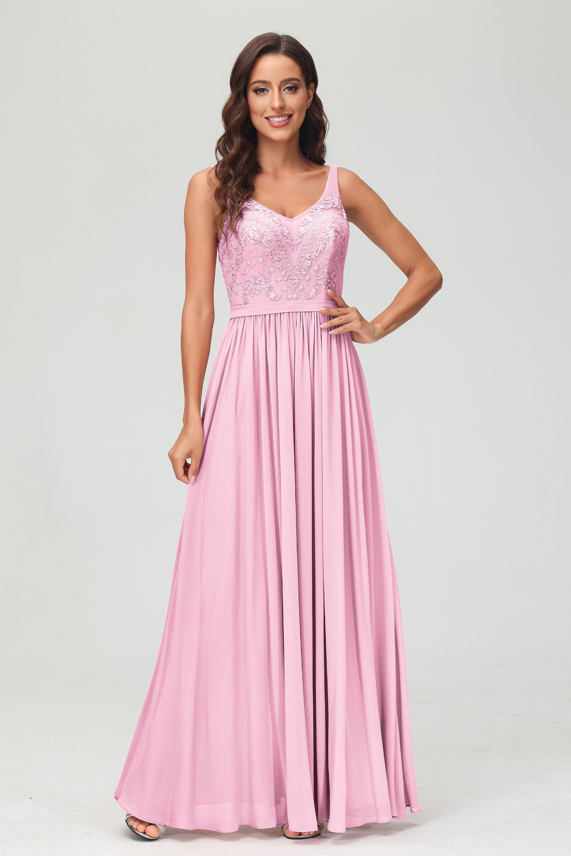 V Neck Chiffon Lace Bridesmaid Dress Formal Evening Dresses Gowns Ruffles Sleeveless