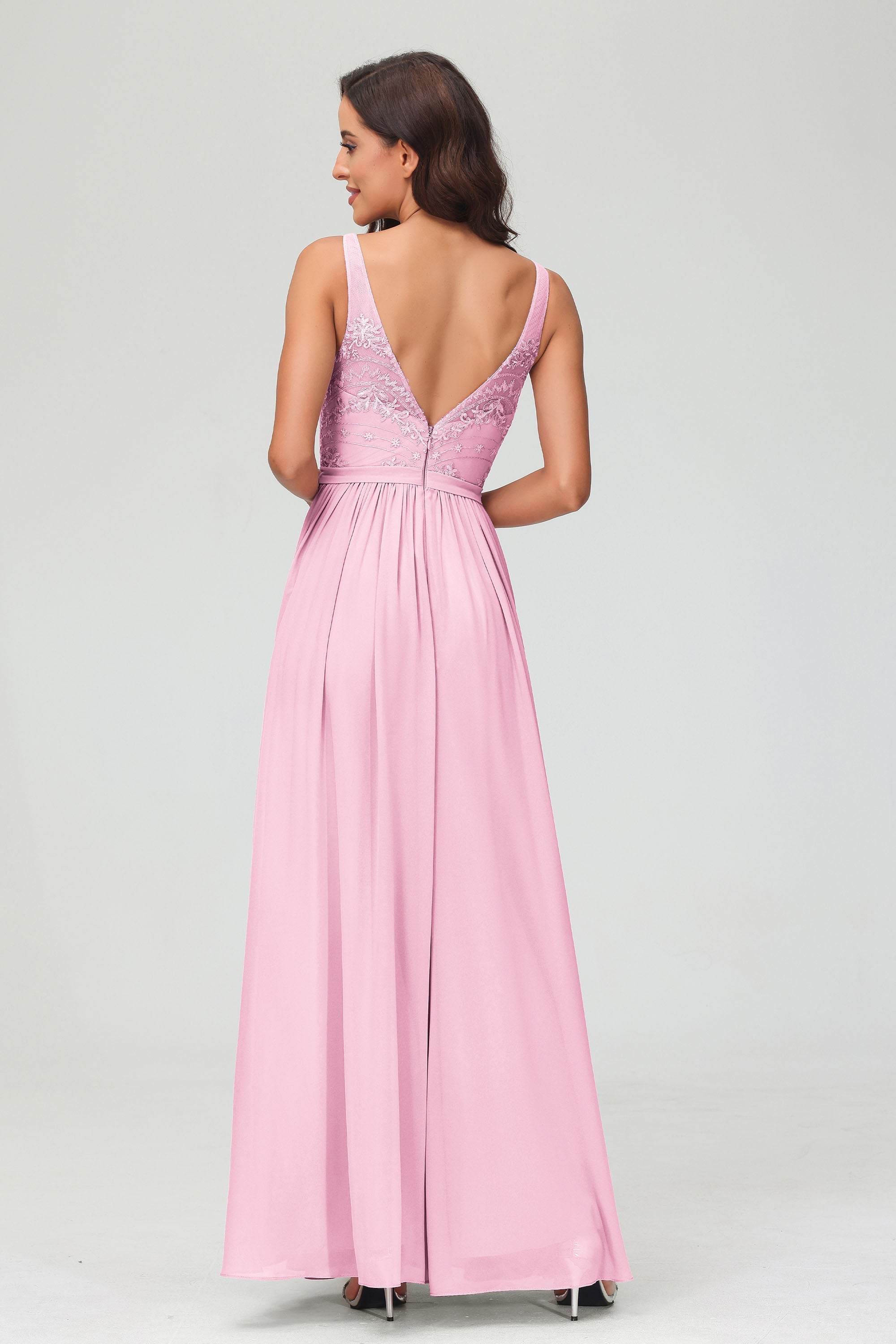 V Neck Chiffon Lace Bridesmaid Dress Formal Evening Dresses Gowns Ruffles Sleeveless