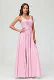 V Neck Chiffon Lace Bridesmaid Dress Formal Evening Dresses Gowns Ruffles Sleeveless
