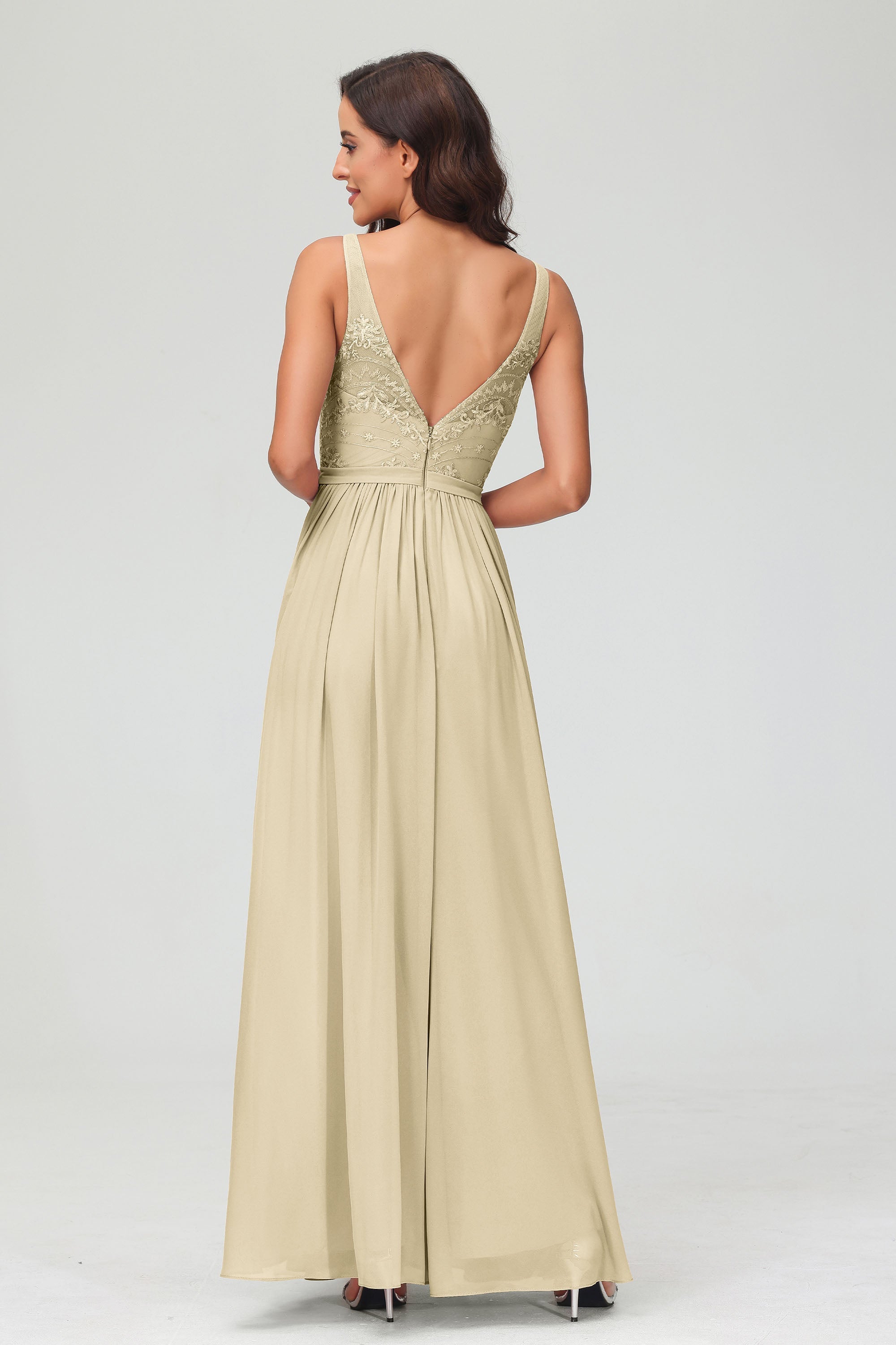 V Neck Chiffon Lace Bridesmaid Dress Formal Evening Dresses Gowns Ruffles Sleeveless