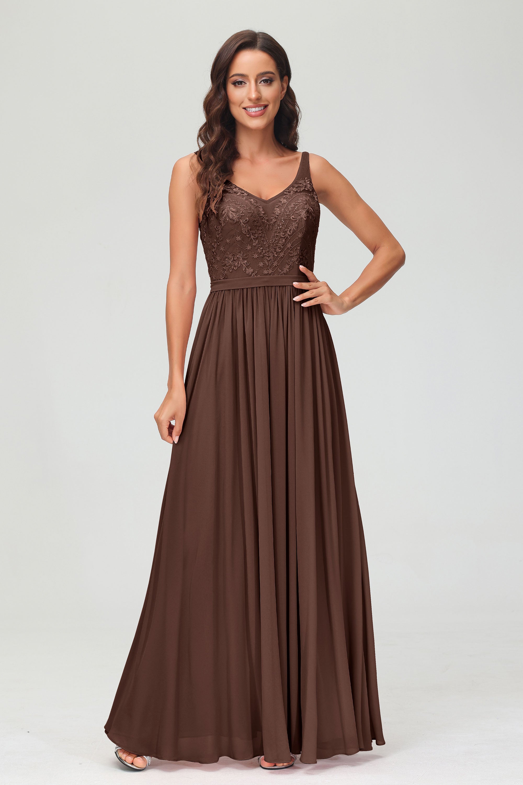 V Neck Chiffon Lace Bridesmaid Dress Formal Evening Dresses Gowns Ruffles Sleeveless