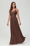 V Neck Chiffon Lace Bridesmaid Dress Formal Evening Dresses Gowns Ruffles Sleeveless