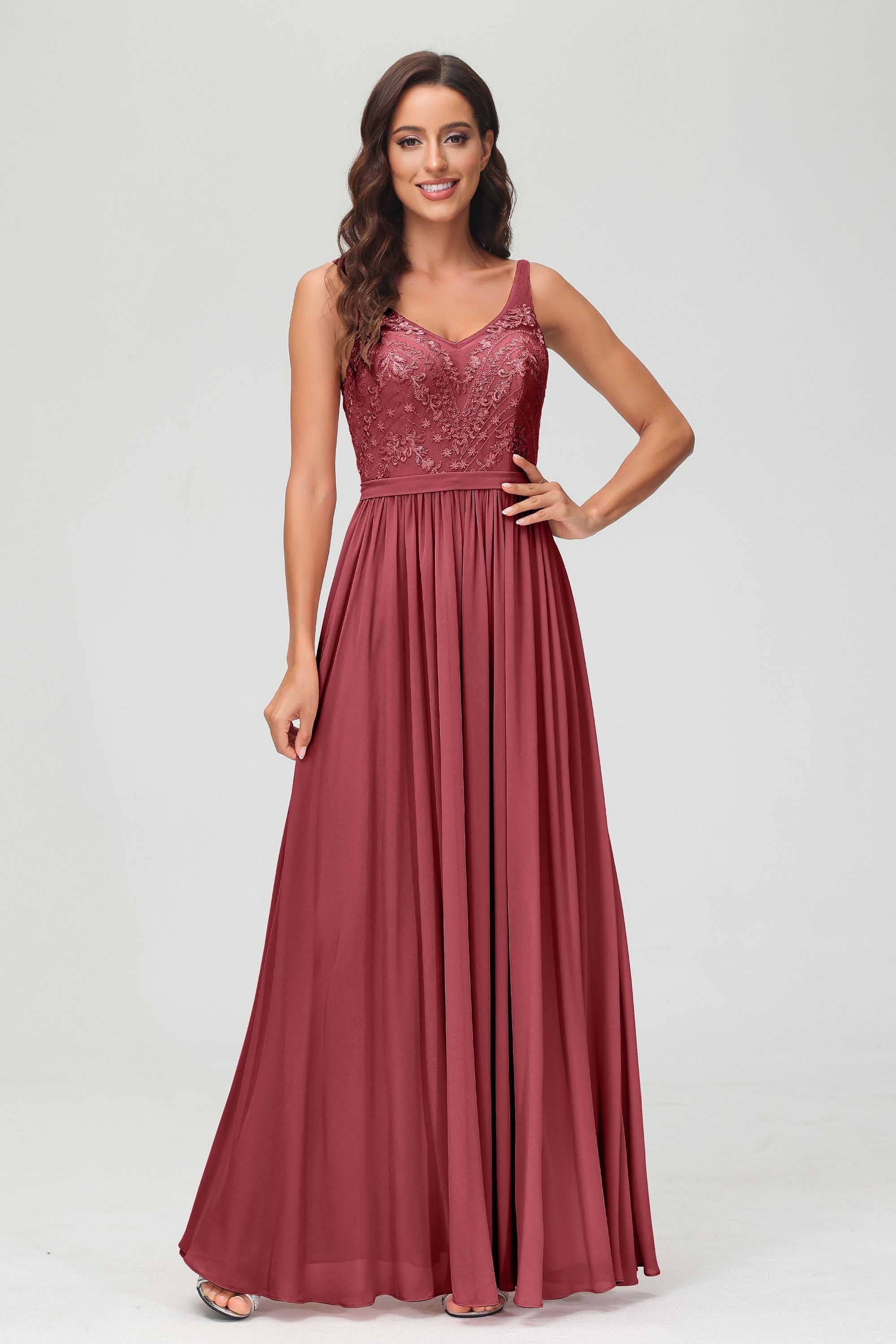 V Neck Chiffon Lace Bridesmaid Dress Formal Evening Dresses Gowns Ruffles Sleeveless