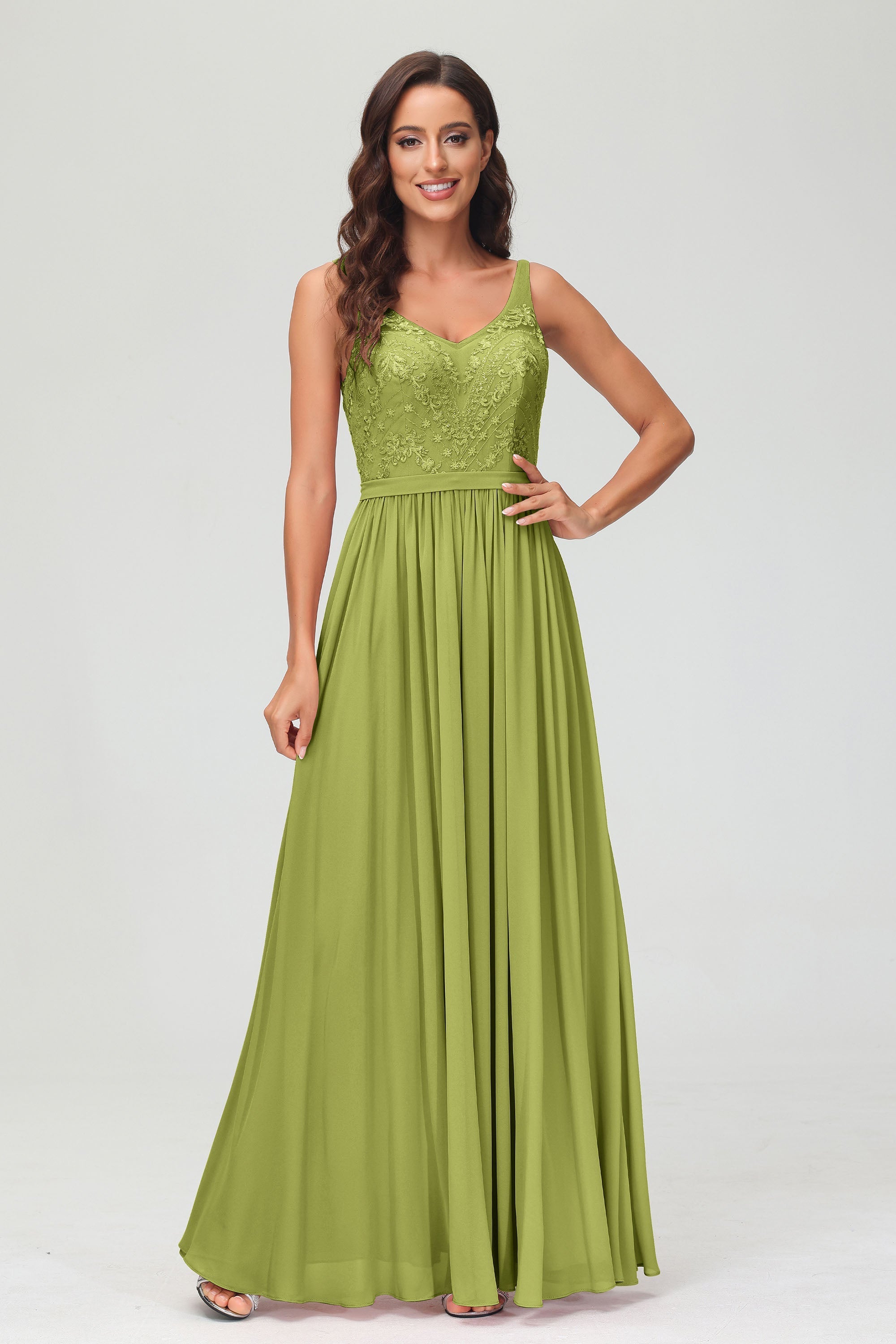 V Neck Chiffon Lace Bridesmaid Dress Formal Evening Dresses Gowns Ruffles Sleeveless