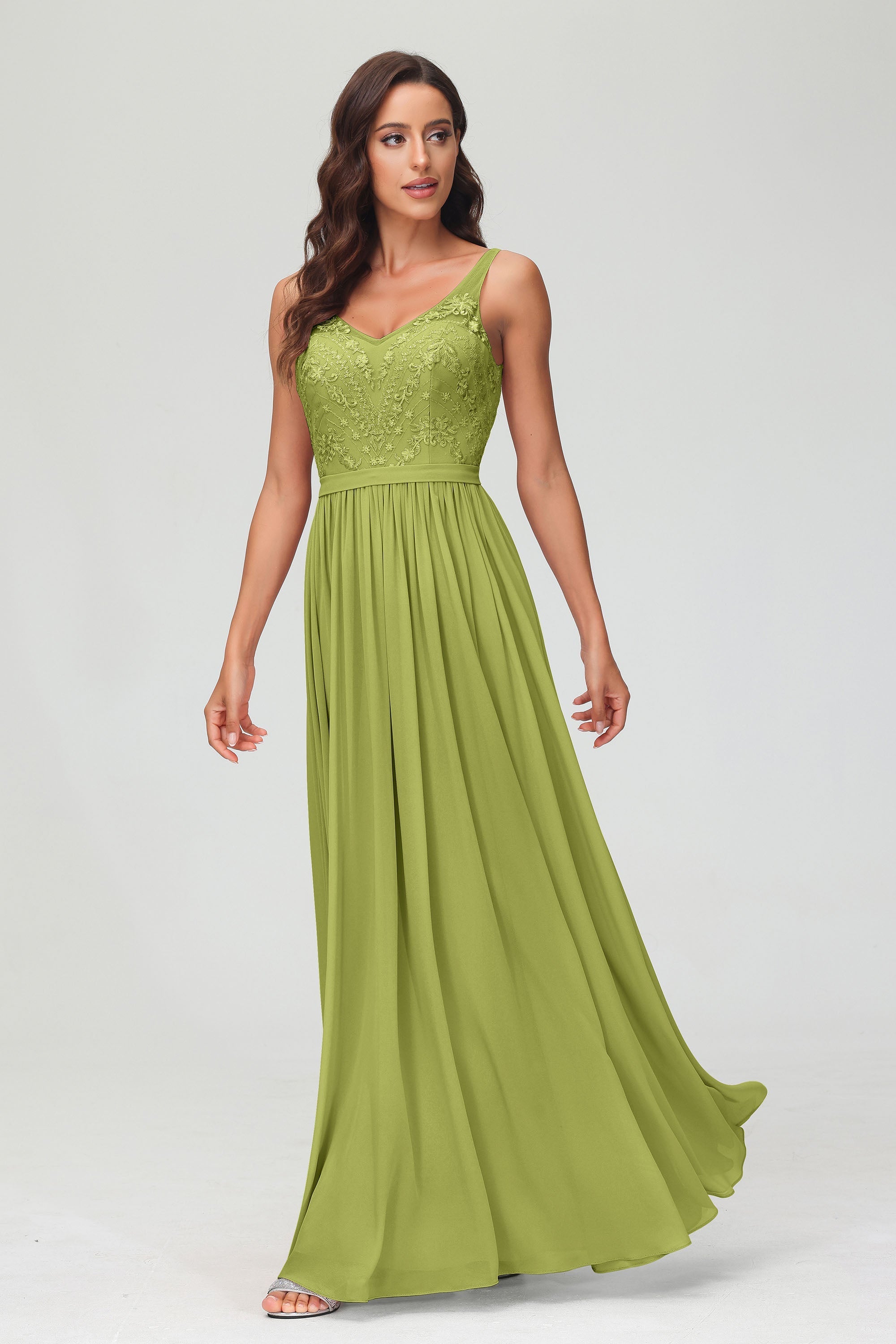 V Neck Chiffon Lace Bridesmaid Dress Formal Evening Dresses Gowns Ruffles Sleeveless