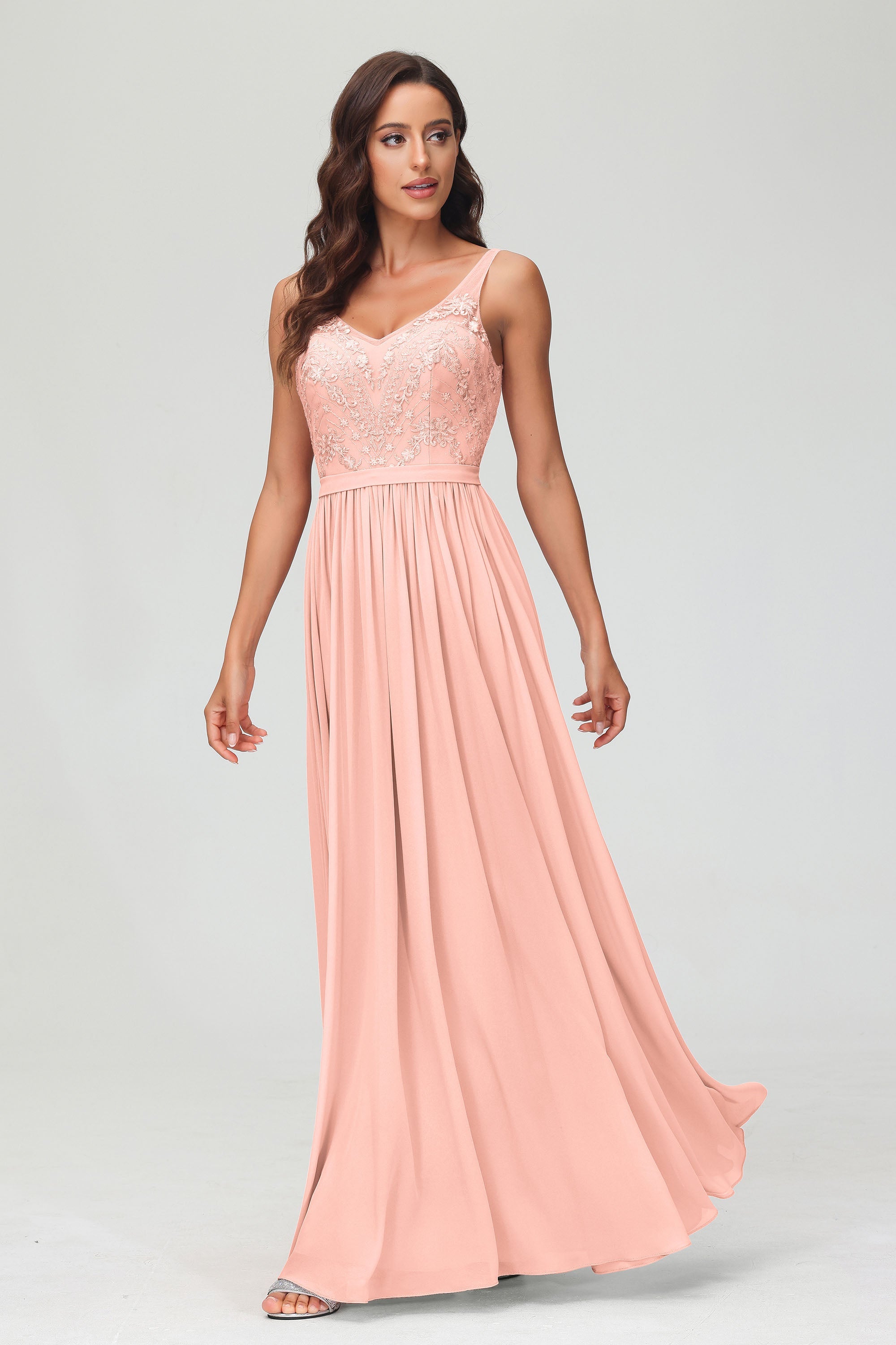 V Neck Chiffon Lace Bridesmaid Dress Formal Evening Dresses Gowns Ruffles Sleeveless