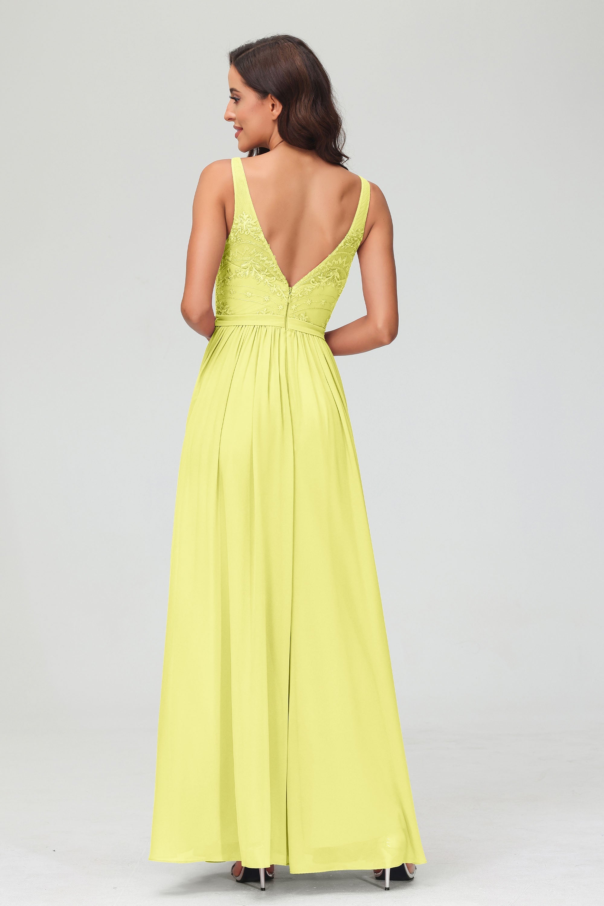V Neck Chiffon Lace Bridesmaid Dress Formal Evening Dresses Gowns Ruffles Sleeveless