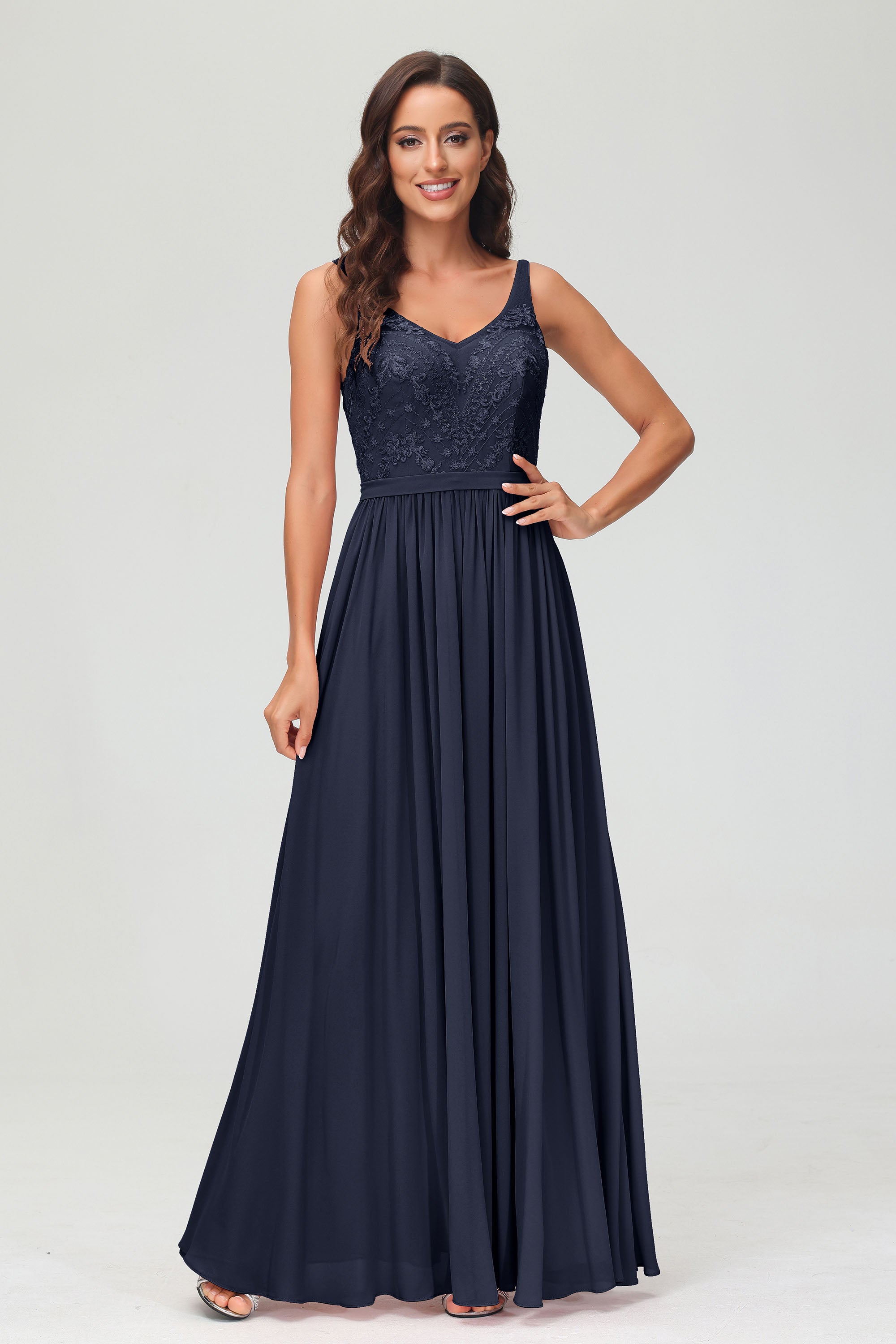 V Neck Chiffon Lace Bridesmaid Dress Formal Evening Dresses Gowns Ruffles Sleeveless