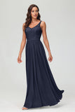 V Neck Chiffon Lace Bridesmaid Dress Formal Evening Dresses Gowns Ruffles Sleeveless