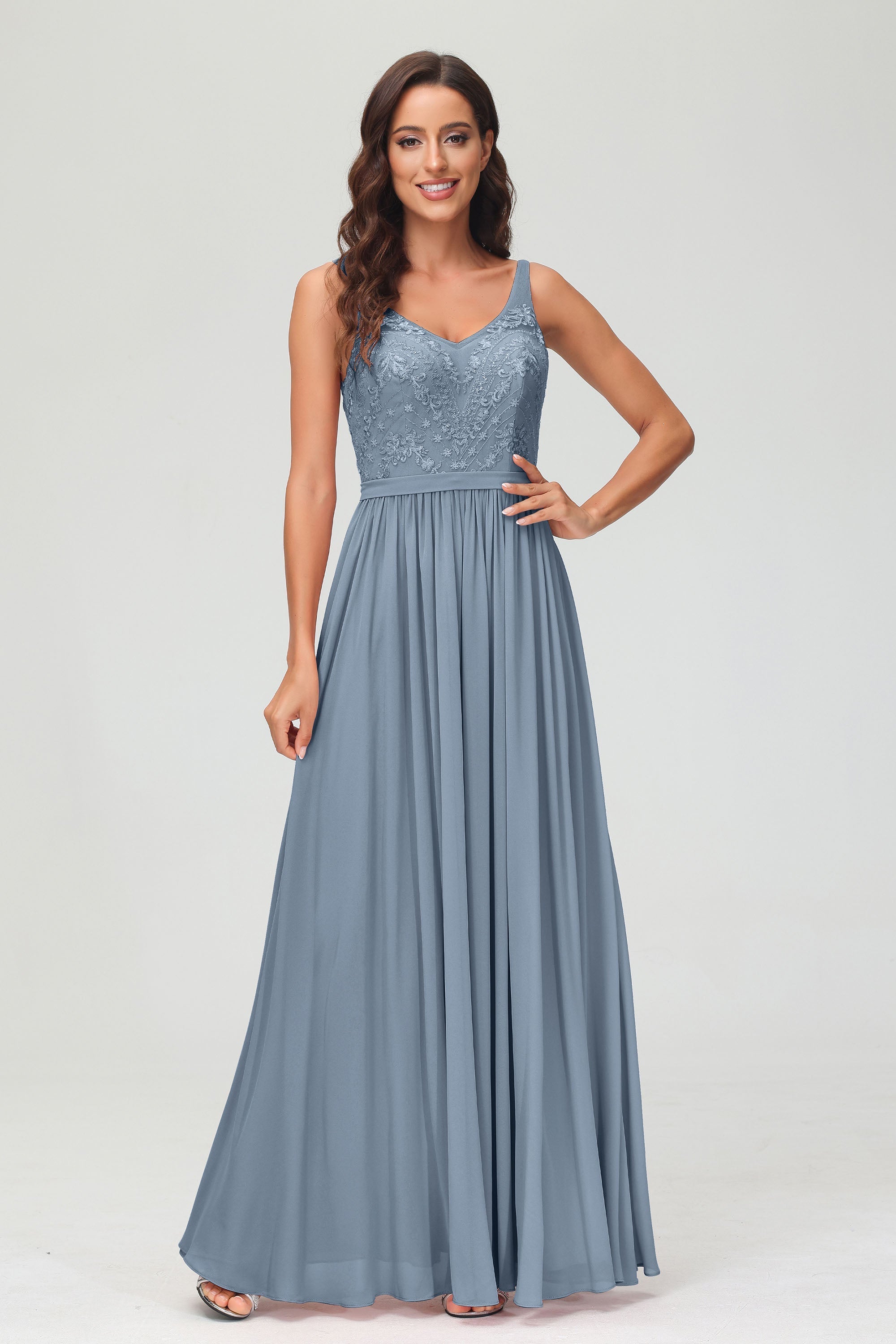 V Neck Chiffon Lace Bridesmaid Dress Formal Evening Dresses Gowns Ruffles Sleeveless