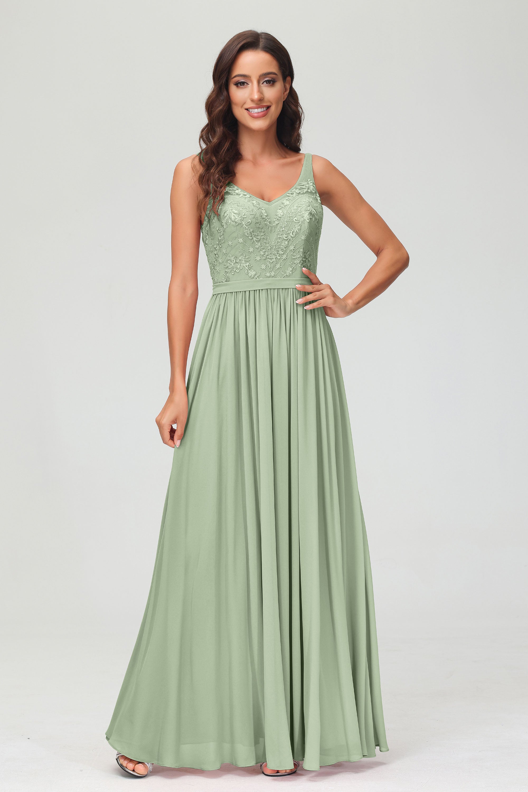 V Neck Chiffon Lace Bridesmaid Dress Formal Evening Dresses Gowns Ruffles Sleeveless