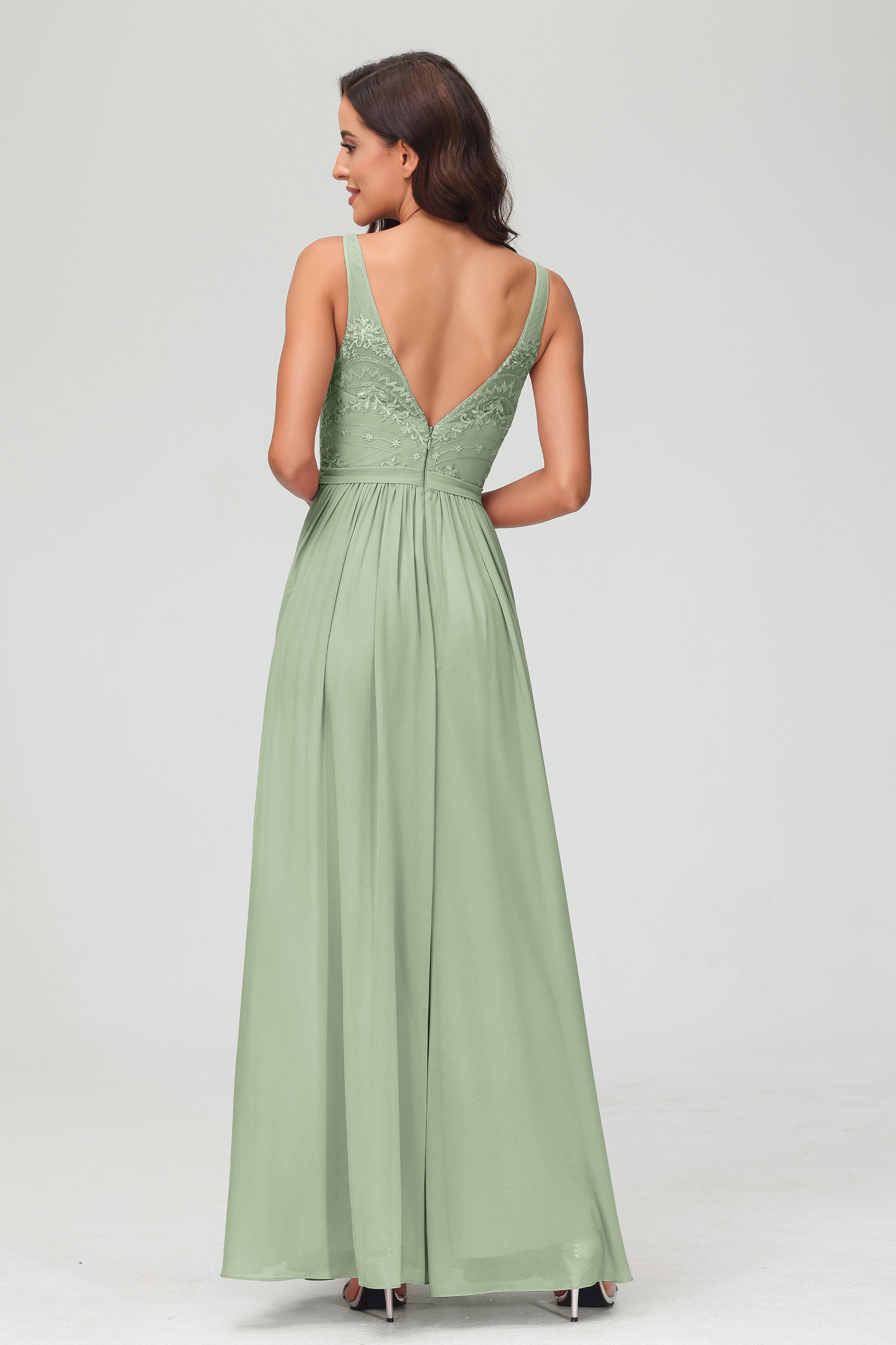V Neck Chiffon Lace Bridesmaid Dress Formal Evening Dresses Gowns Ruffles Sleeveless
