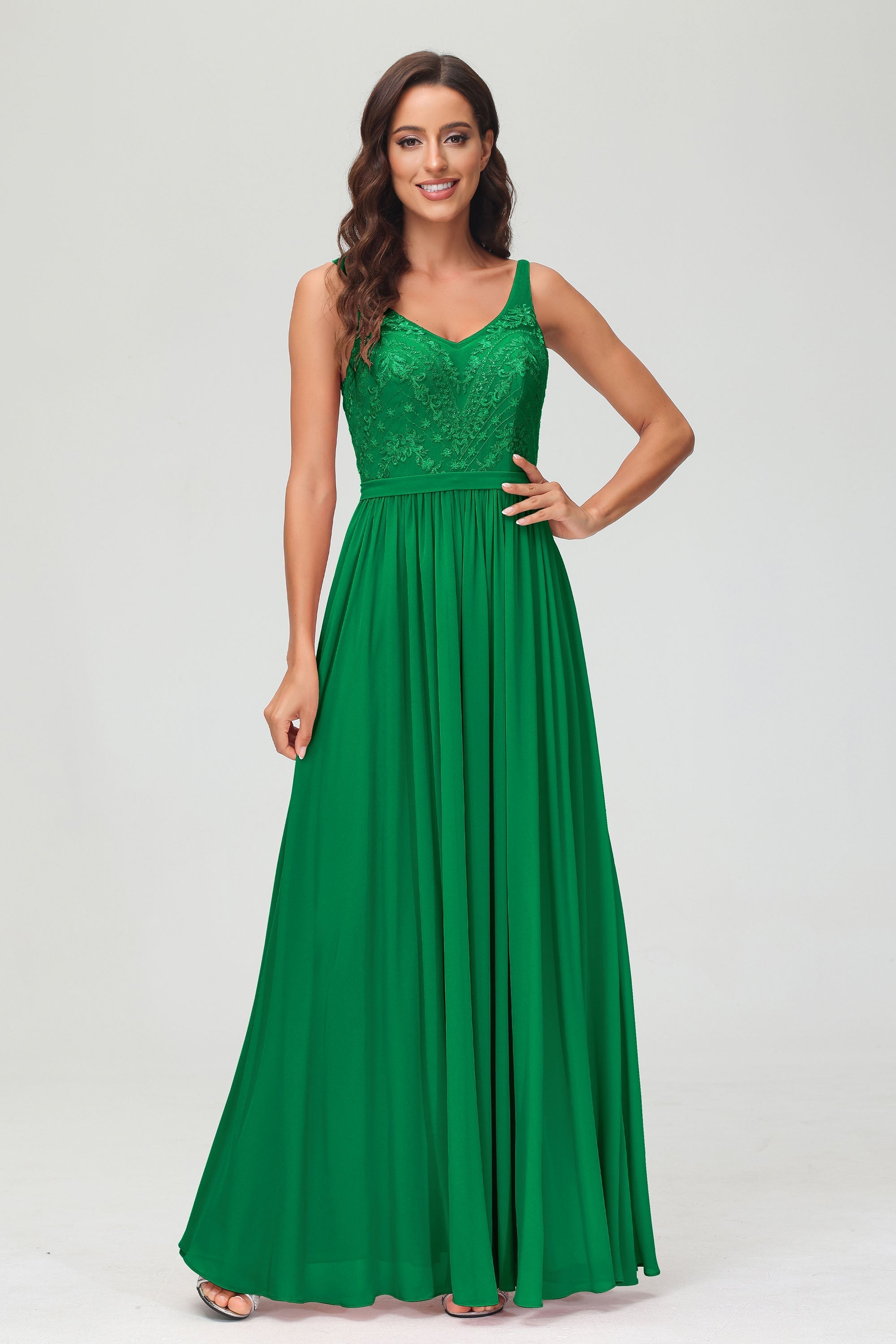 V Neck Chiffon Lace Bridesmaid Dress Formal Evening Dresses Gowns Ruffles Sleeveless