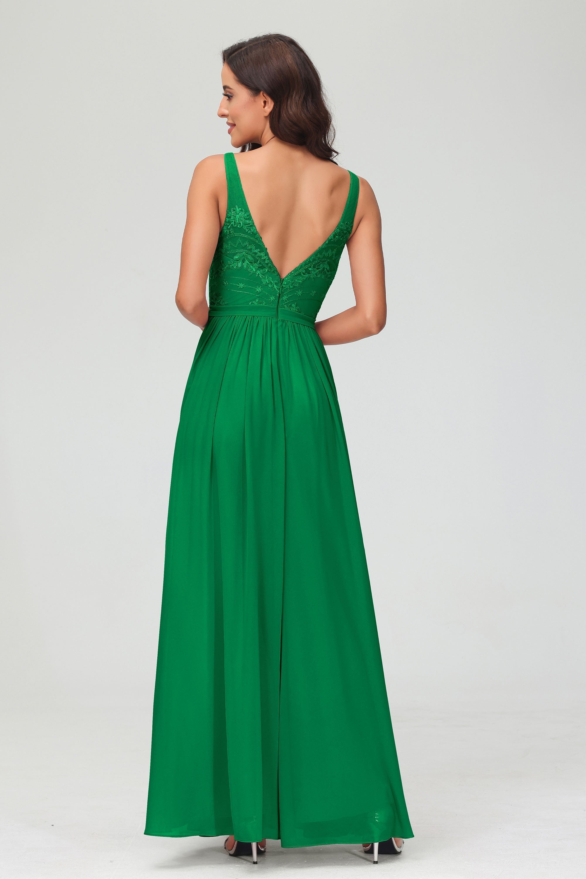 V Neck Chiffon Lace Bridesmaid Dress Formal Evening Dresses Gowns Ruffles Sleeveless