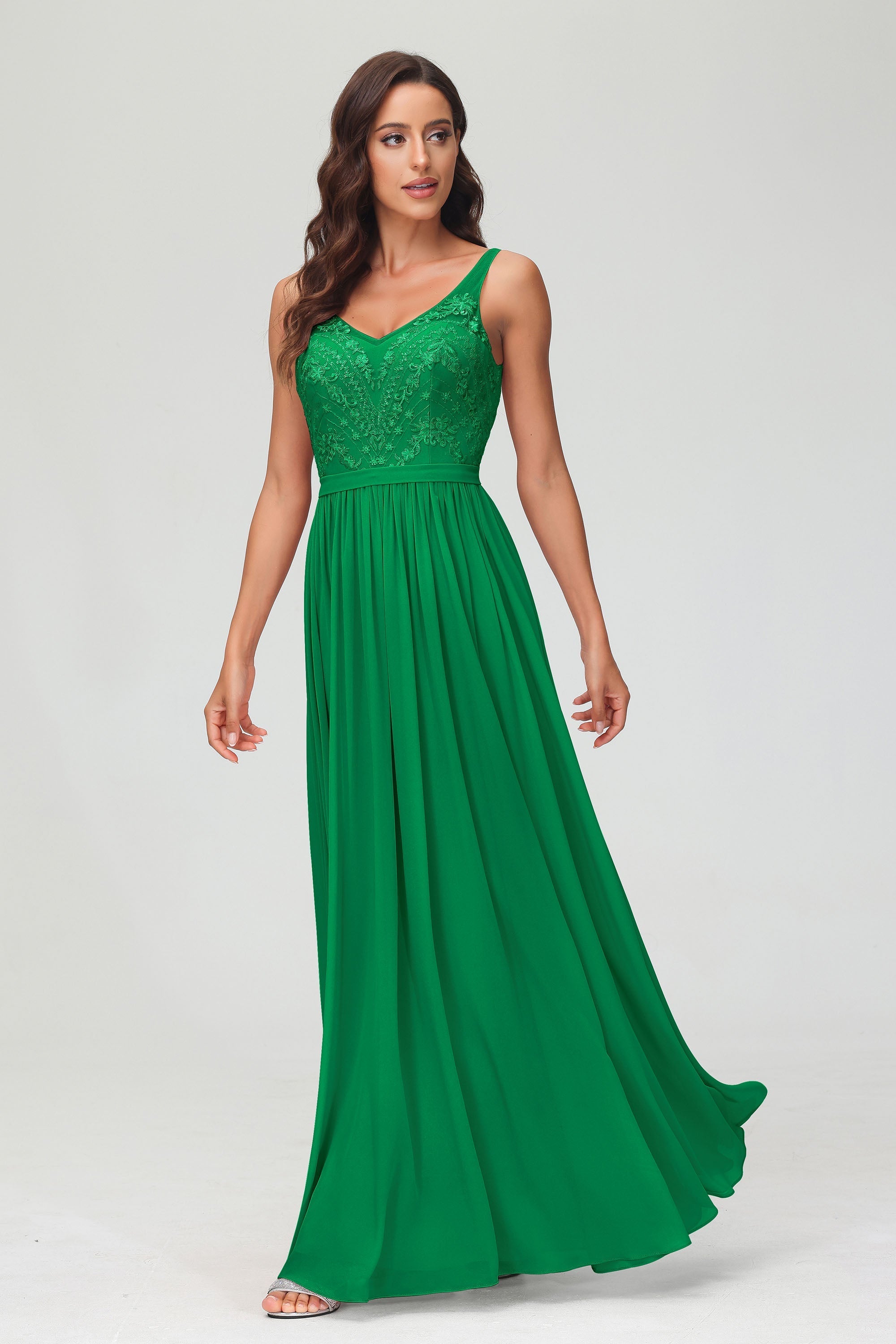 V Neck Chiffon Lace Bridesmaid Dress Formal Evening Dresses Gowns Ruffles Sleeveless