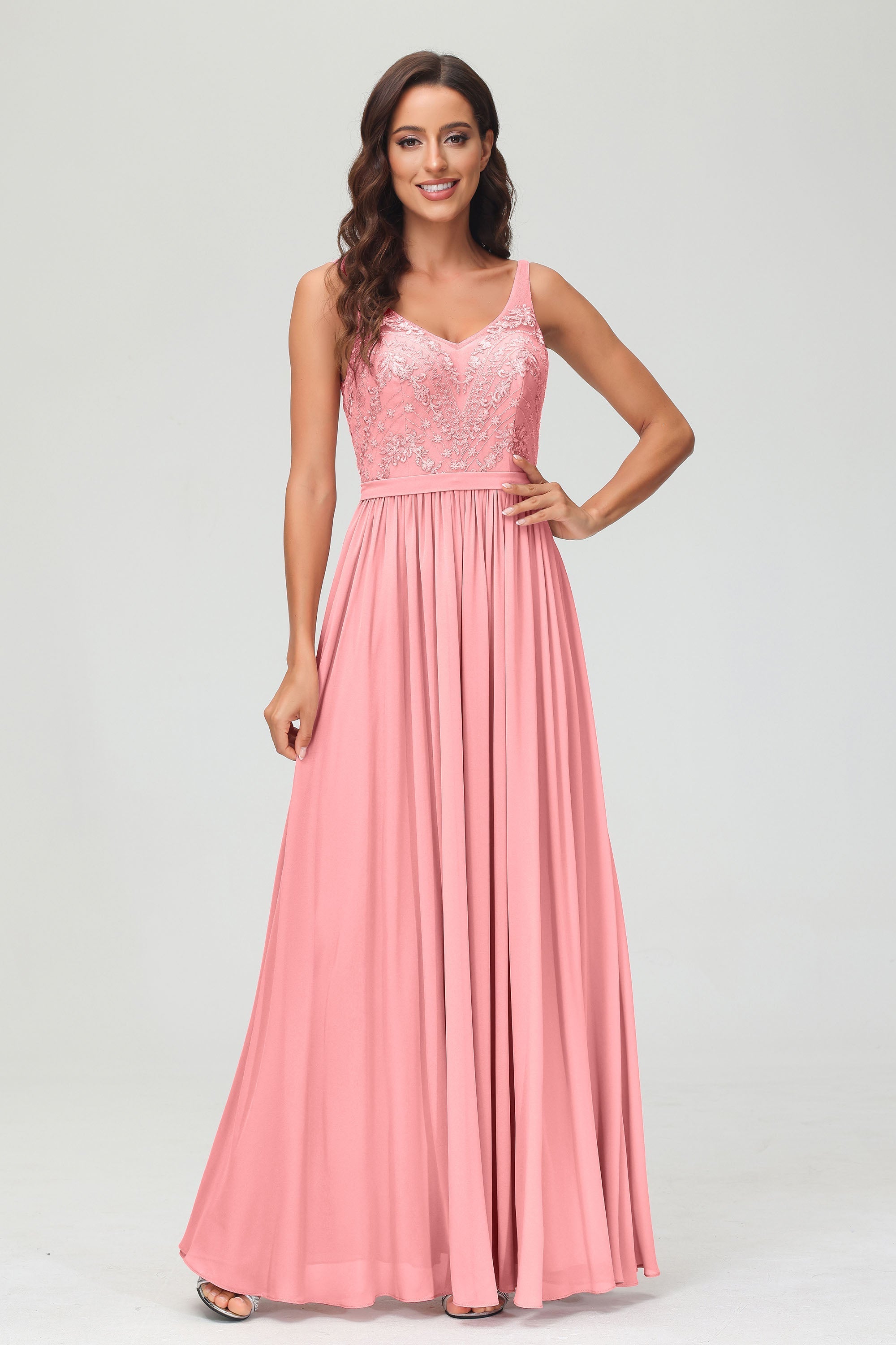 V Neck Chiffon Lace Bridesmaid Dress Formal Evening Dresses Gowns Ruffles Sleeveless