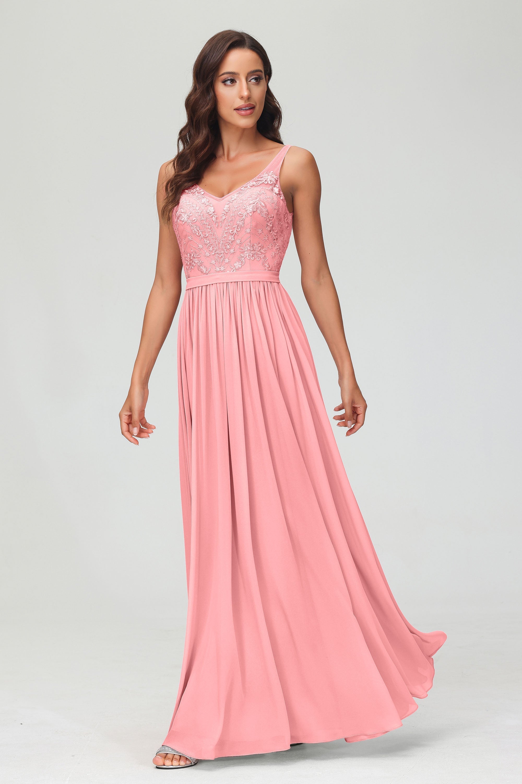 V Neck Chiffon Lace Bridesmaid Dress Formal Evening Dresses Gowns Ruffles Sleeveless
