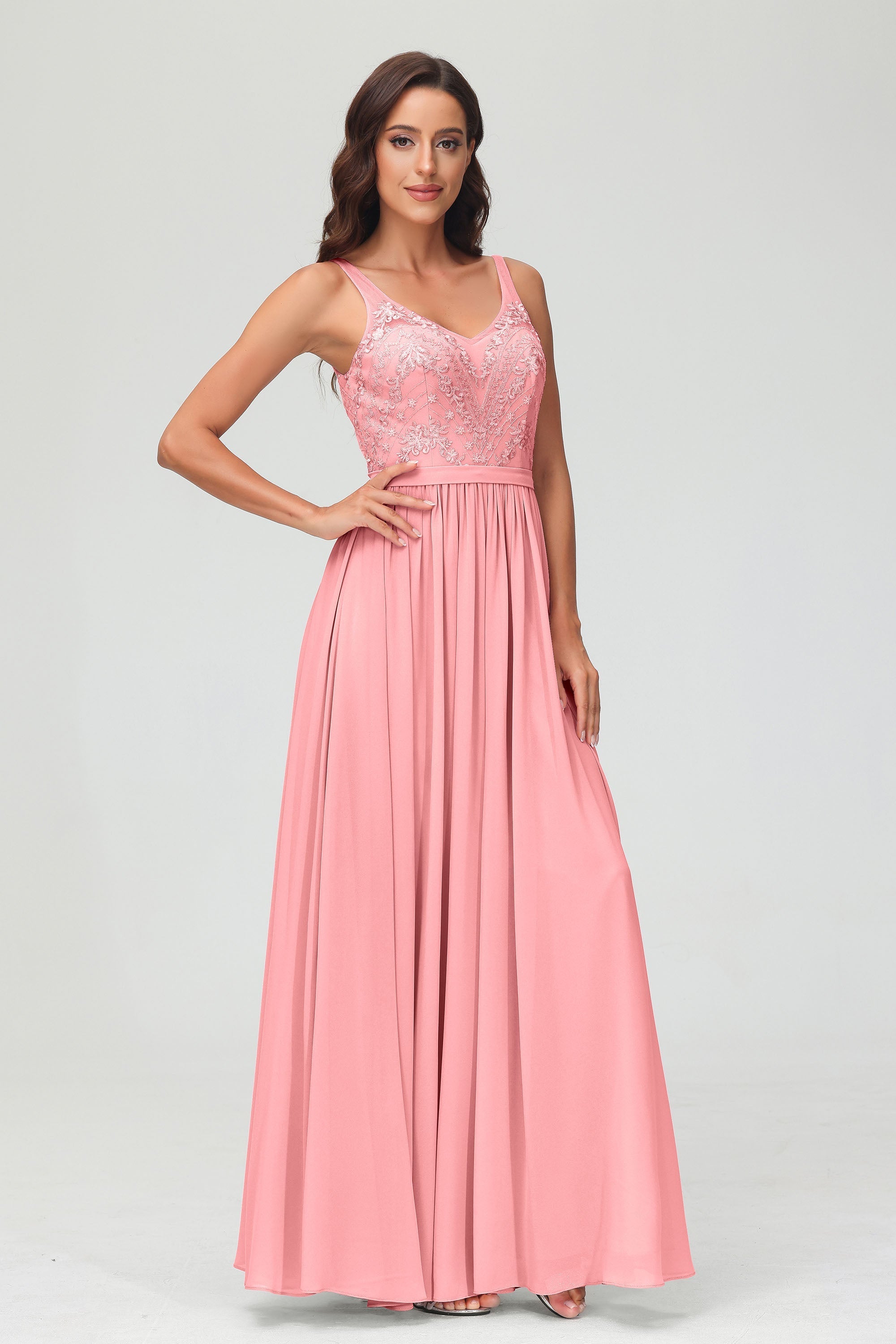V Neck Chiffon Lace Bridesmaid Dress Formal Evening Dresses Gowns Ruffles Sleeveless