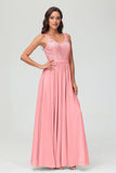 V Neck Chiffon Lace Bridesmaid Dress Formal Evening Dresses Gowns Ruffles Sleeveless