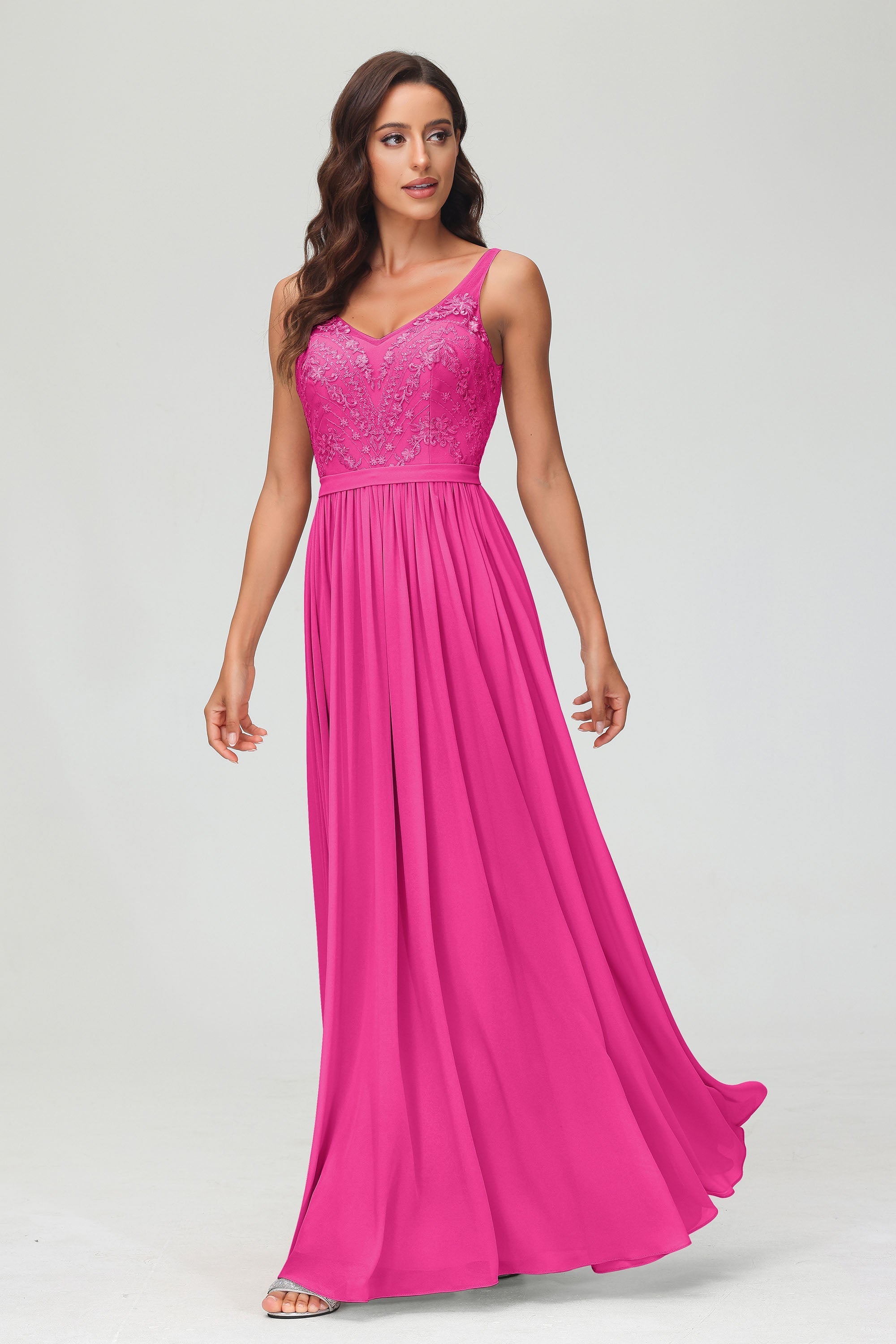V Neck Chiffon Lace Bridesmaid Dress Formal Evening Dresses Gowns Ruffles Sleeveless
